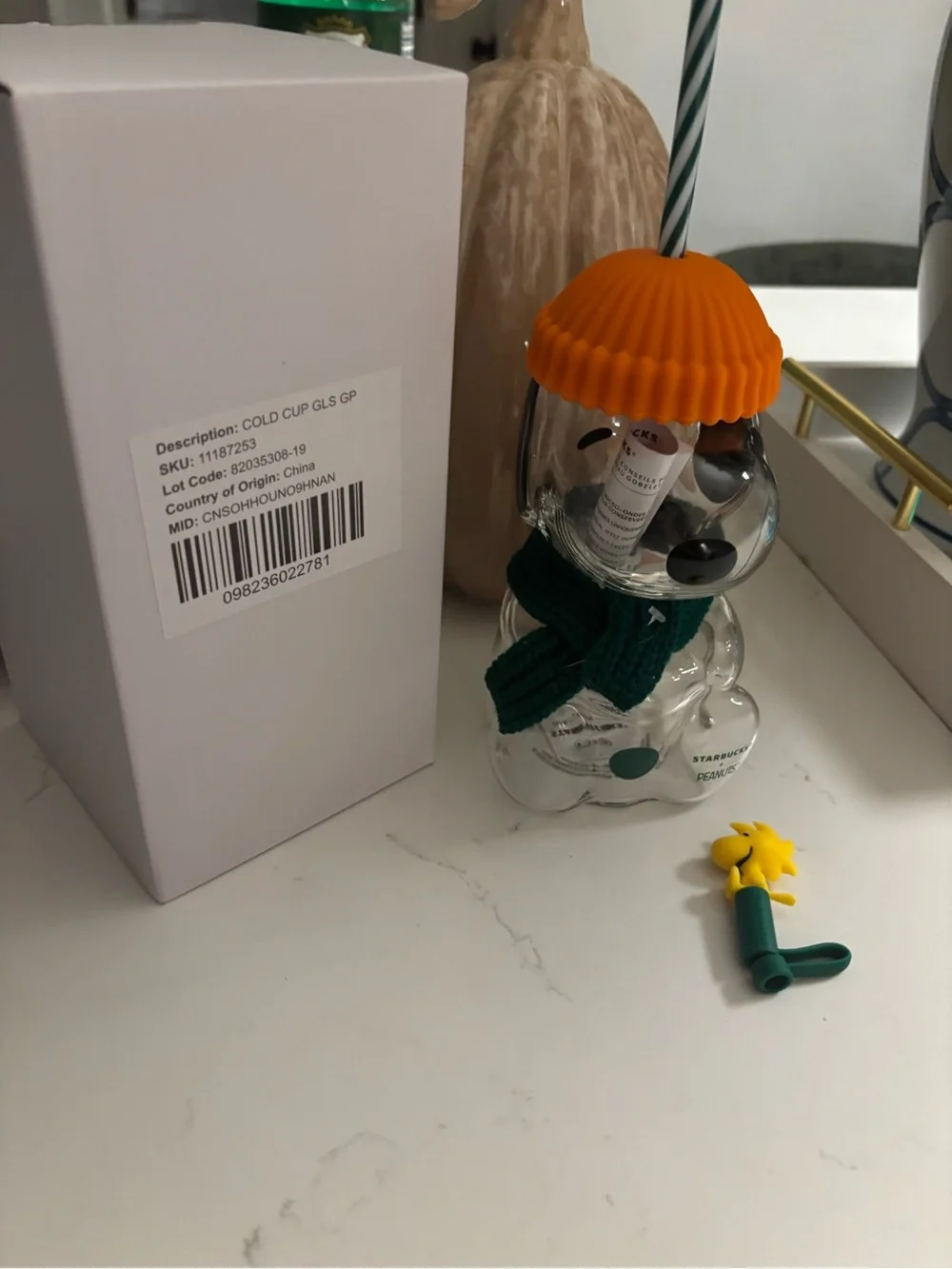 Starbucks Clear Bear Cold Cup with Orange Lid and Green Scarf